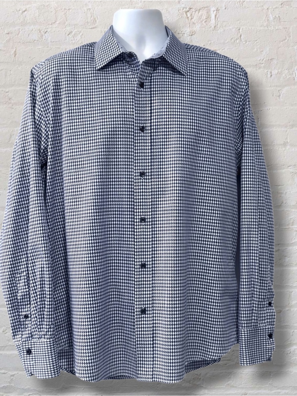 QUIETI Men’s Dress Shirt L |Blue & White Houndstooth| 100% Cotton |Made in Korea